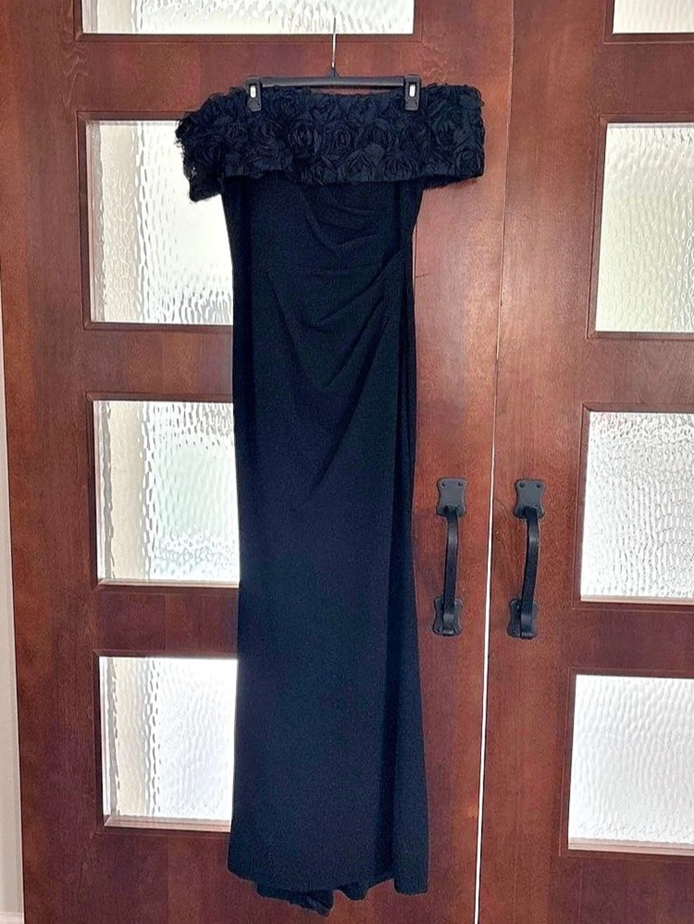 Eliza J Rosette Detail Off the Shoulder Gown Black Size 8